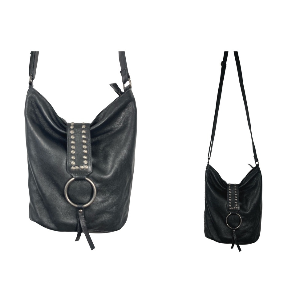 Latico Black Pebbled Leather Studded Crossbody Hobo Bag O-Ring Detail Zip Pocket